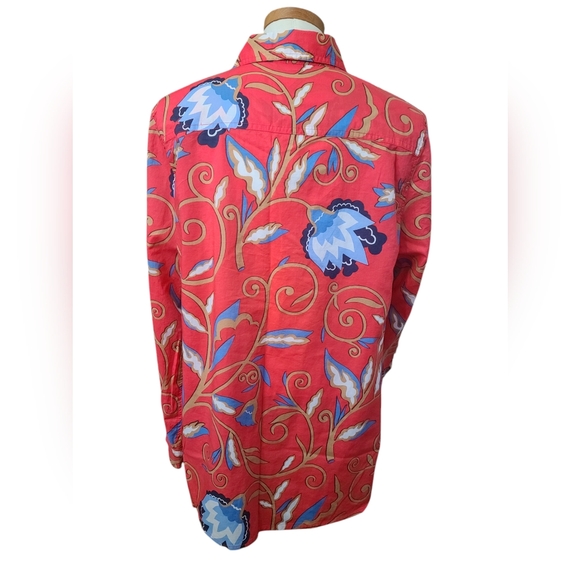J. McLaughlin Floral Blouse Cotton Business Casual Office Red Blue Size Large - Picture 6 of 9
